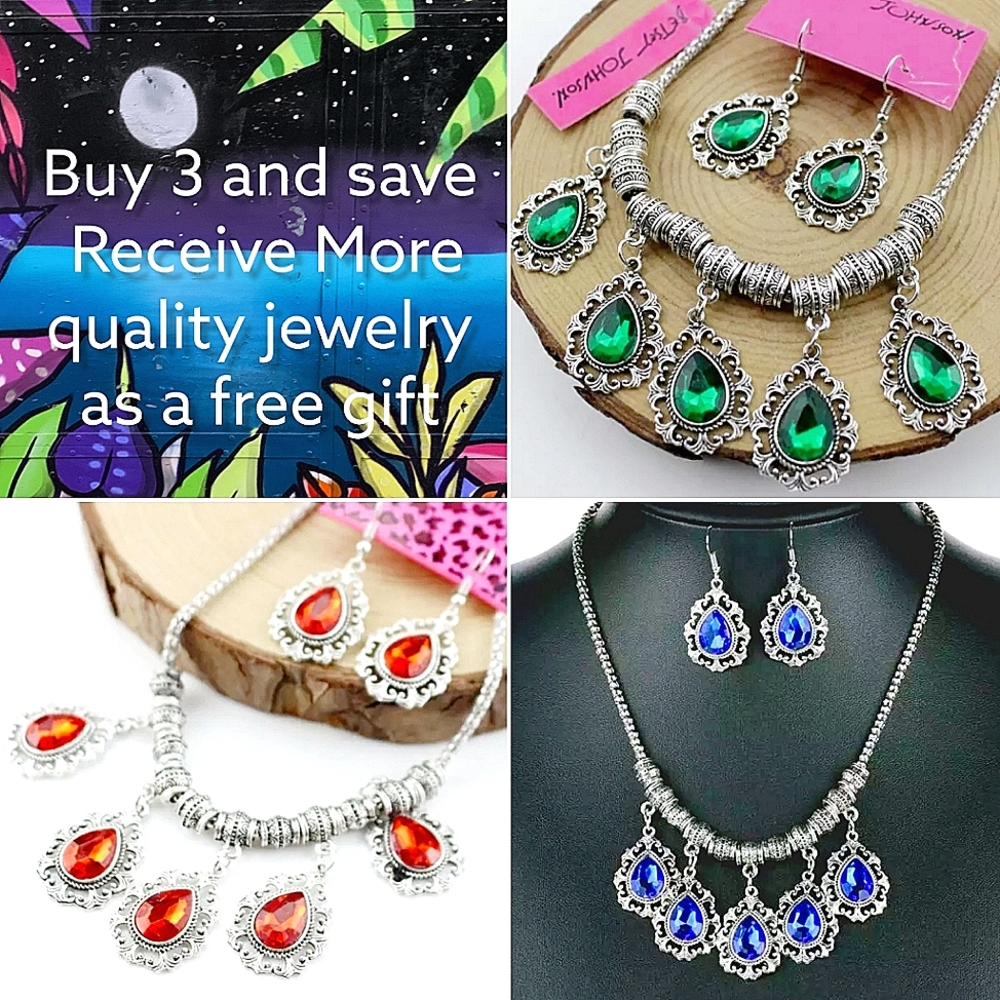 3 sets silver red green blue crystal necklace earrings sets